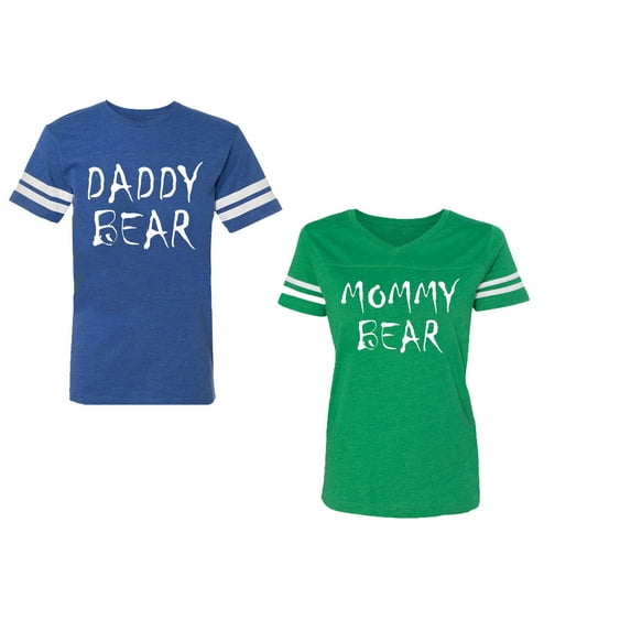 Dady Mommy Bear Unisex Couple Matching Cotton Jersey style T-Shirt Contrasting stripes on sleeves (Men Royal / Women Green) (Men L / Women M)
