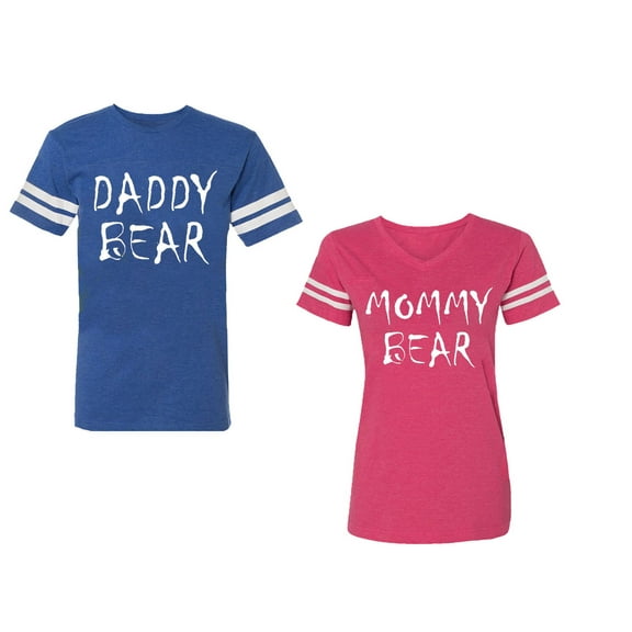 Dady Mommy Bear Unisex Couple Matching Cotton Jersey style T-Shirt Contrasting stripes on sleeves (Men Royal / Women Pink) (Men S / Women L)