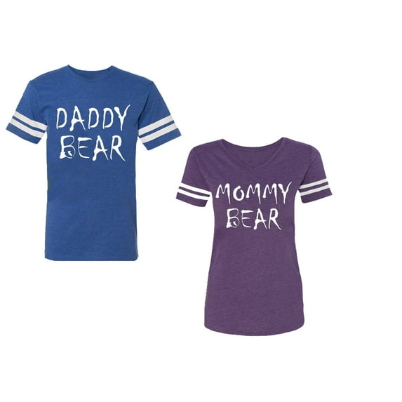 Dady Mommy Bear Unisex Couple Matching Cotton Jersey style T-Shirt Contrasting stripes on sleeves (Men Royal / Women Purple) (Men M / Women L)