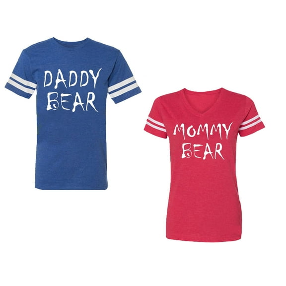 Dady Mommy Bear Unisex Couple Matching Cotton Jersey style T-Shirt Contrasting stripes on sleeves (Men Royal / Women Red) (Men XL / Women S)