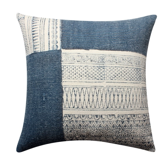 The Urban Port Dae 24 x 24 Square Handwoven Cotton Accent Throw Pillow, Classic Simple Kilim Pattern, Blue, Off White