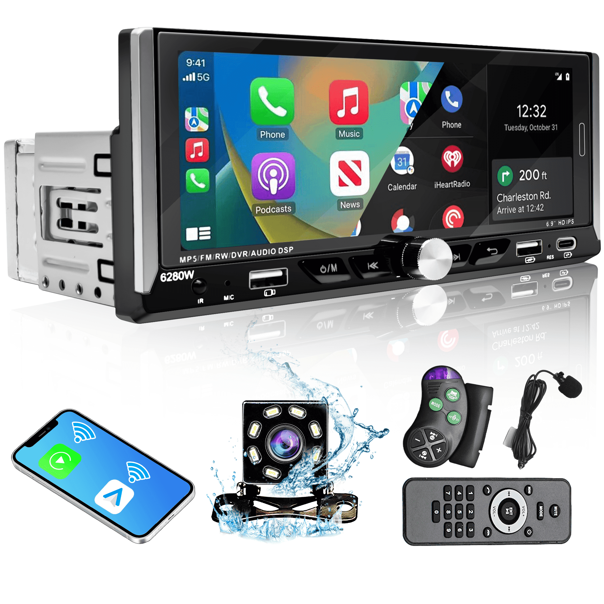 Daeblie Single DIN 6.9" Android Auto Car Stereo, Universal Fit, 1080p, Black Audio Deck