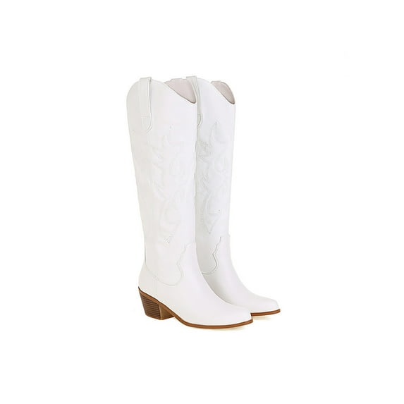 Daeful Cowgirl Boots for Women Embroidered Knee High Cowboy Boots Fashion Pull on Tall Western Boot White 9
