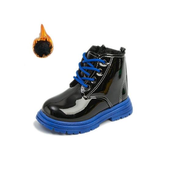 Daeful Kids Combat Boot Platform Ankle Boots Side Zipper Booties Casual Lace Up Shoes Girls Boys Waterproof Blue, Plush Lined 8toddlers