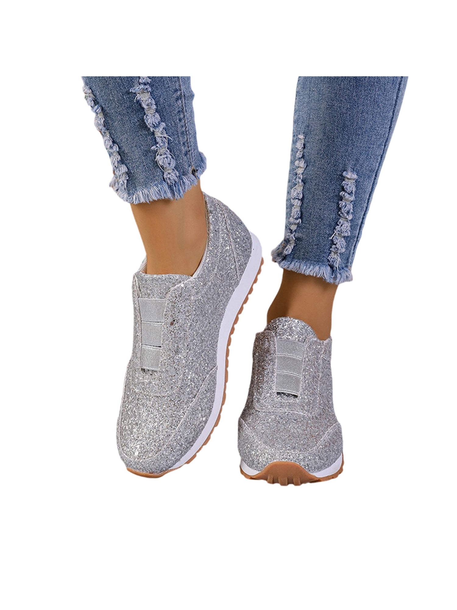 Daeful Ladies Casual Shoe Elastic Strap Flats Glitter Sneakers Anti