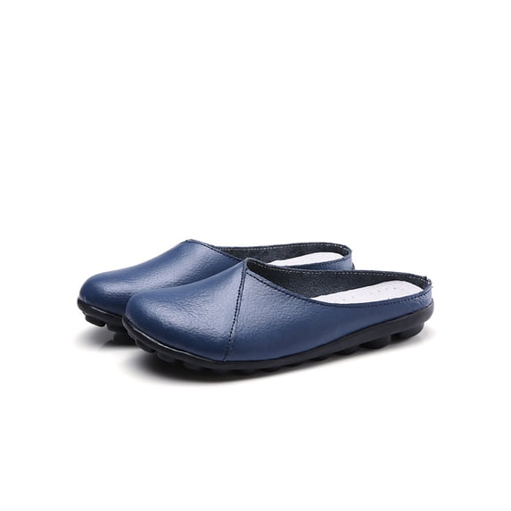 Daeful Womens Clogs Comfort Mules Slip On Flats Driving Fashion Backless Closed Toe Leather Mule Dark Blue 5.5