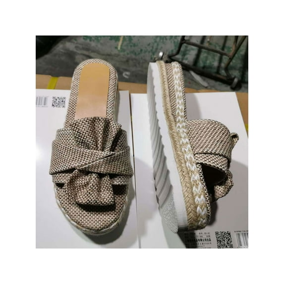 Daeful Ladies Sandals Wedge&platform Espadrilles Slip On Wedges Women Solid Color Soft Backless Slippers Khaki 5.5