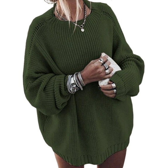 Daeful Ladies Sweater Long Sleeve Knitted Sweaters Solid Color Jumper Tops Chic Loose Casual Crew Neck Pullover Army Green S