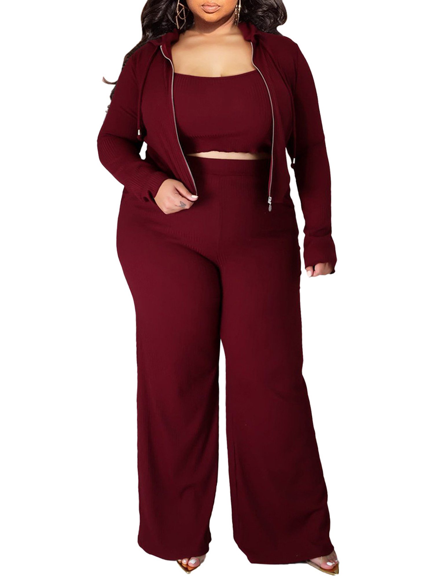 Daeful Ladies Sweatsuits Long Sleeve Plus Size Tracksuit Scoop Neck 3 Piece Outfits Sport Soft