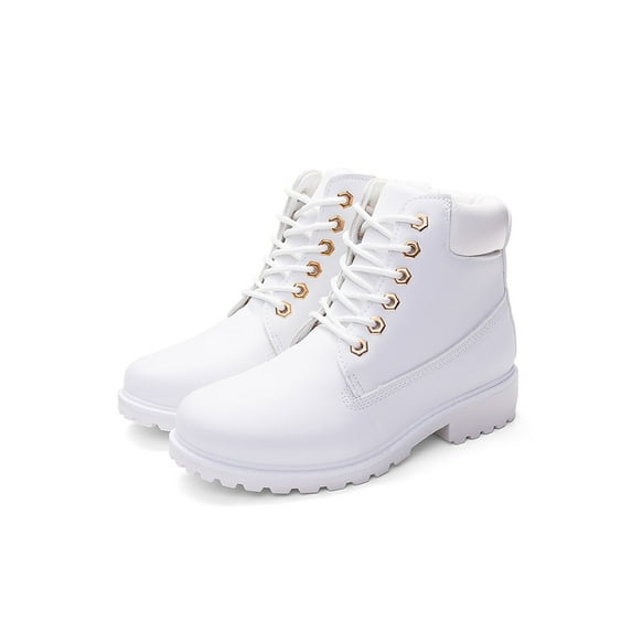 Daeful Ladies Winter Boots Casual Ankle Booties Plush Lined Combat Boot Slip Resistant Lug Sole Short Bootie Women Comfortable Shoes White 7.5