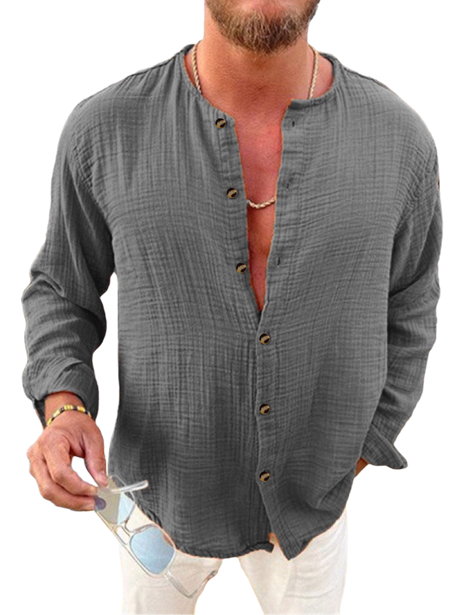 Daeful Men Shirts Lapel Neck Beach Casual Shirt Long Sleeve Tops Work ...