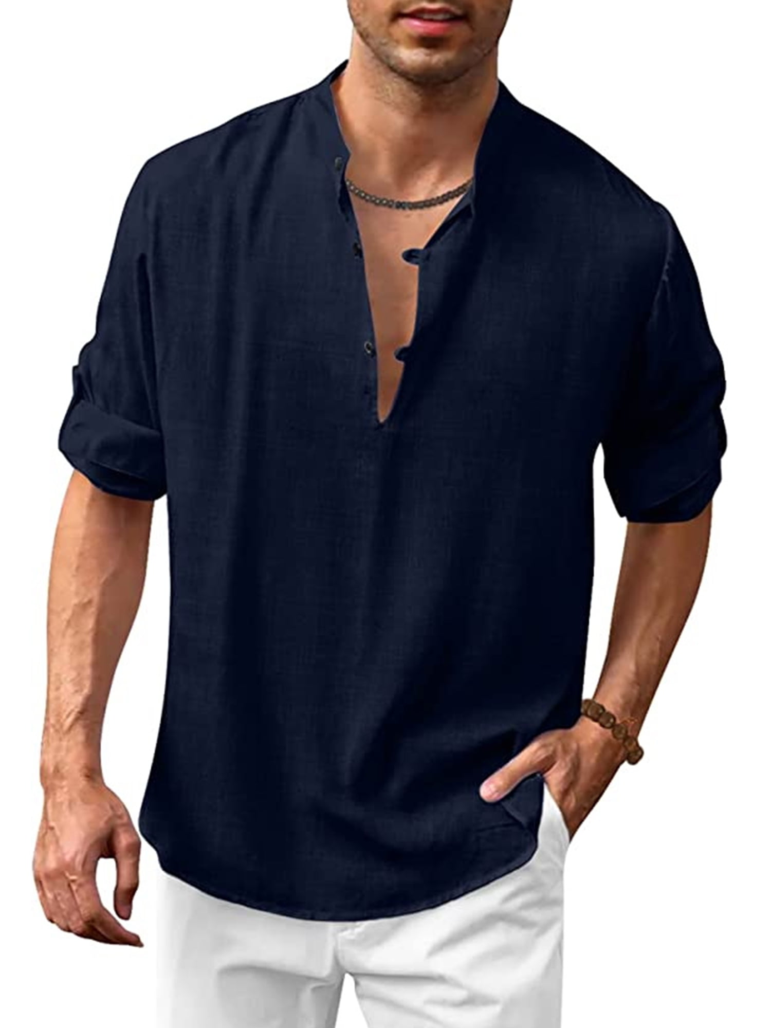 Daeful Men Tunic Shirt Cotton Linen Tops Hippie Yoga Henley Work ...