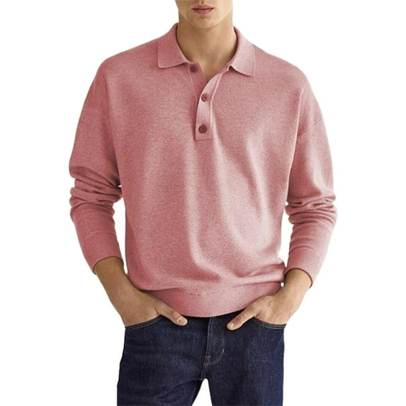 Daeful Mens T Shirts Lapel Neck Polo Shirt Long Sleeve Tee Tennis Athletic Casual Solid Color Tops Pink 2XL