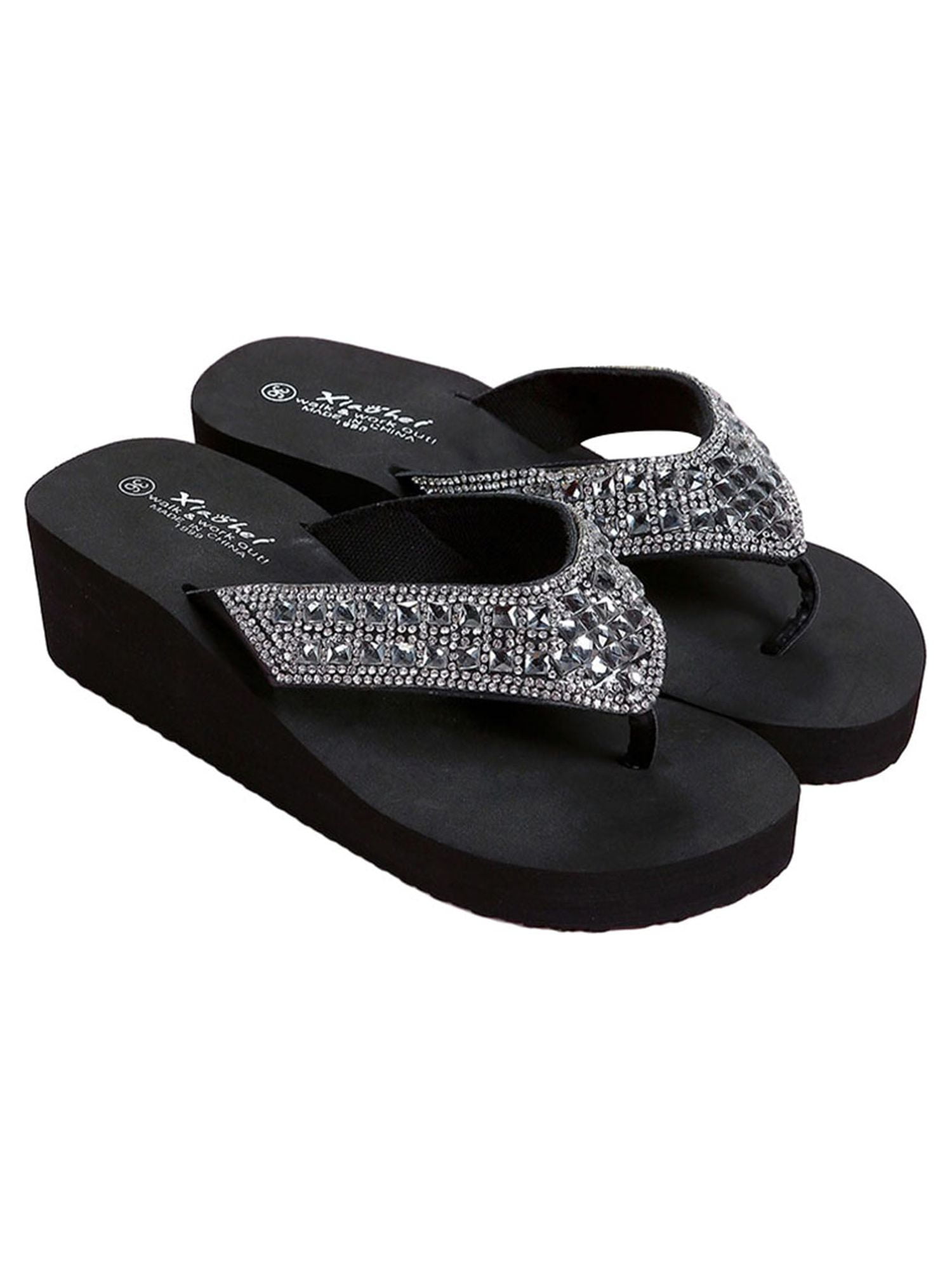 Daeful Wedge Flip Flops for Women Thong Sandals Ladies Summer Beach Rhinestone Wedding Shoes With Bling