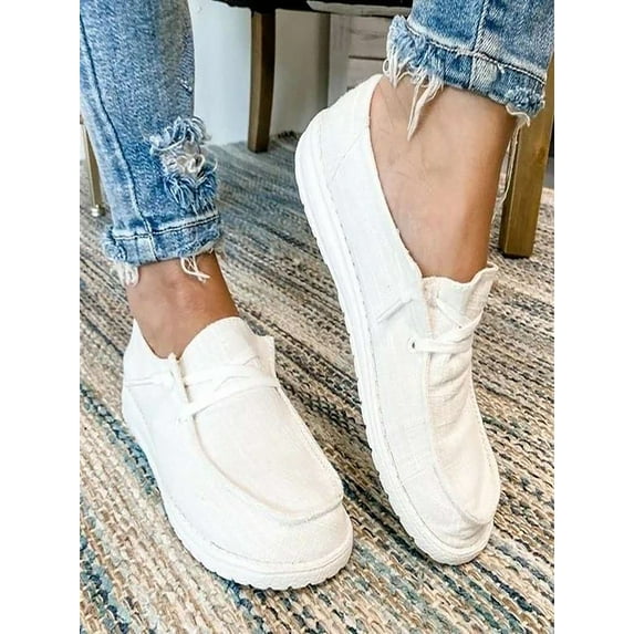 Daeful Women Canvas Loafers Slip On Flat Shoes Ladies Casual Comfort Trainers Sneakers Beige 7.5