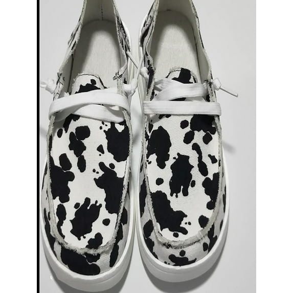 Daeful Women Canvas Loafers Slip On Flat Shoes Ladies Casual Comfort Trainers Sneakers Cow Pattern 7.5