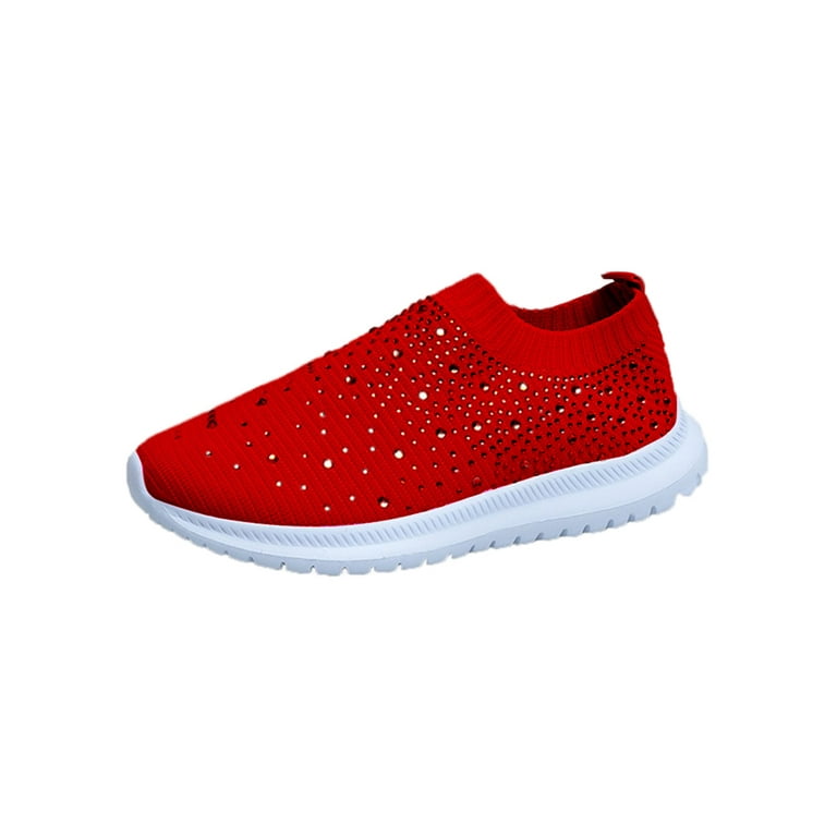 Daeful Women Sneakers Knit Upper Flats Rhinestone Casual Shoes