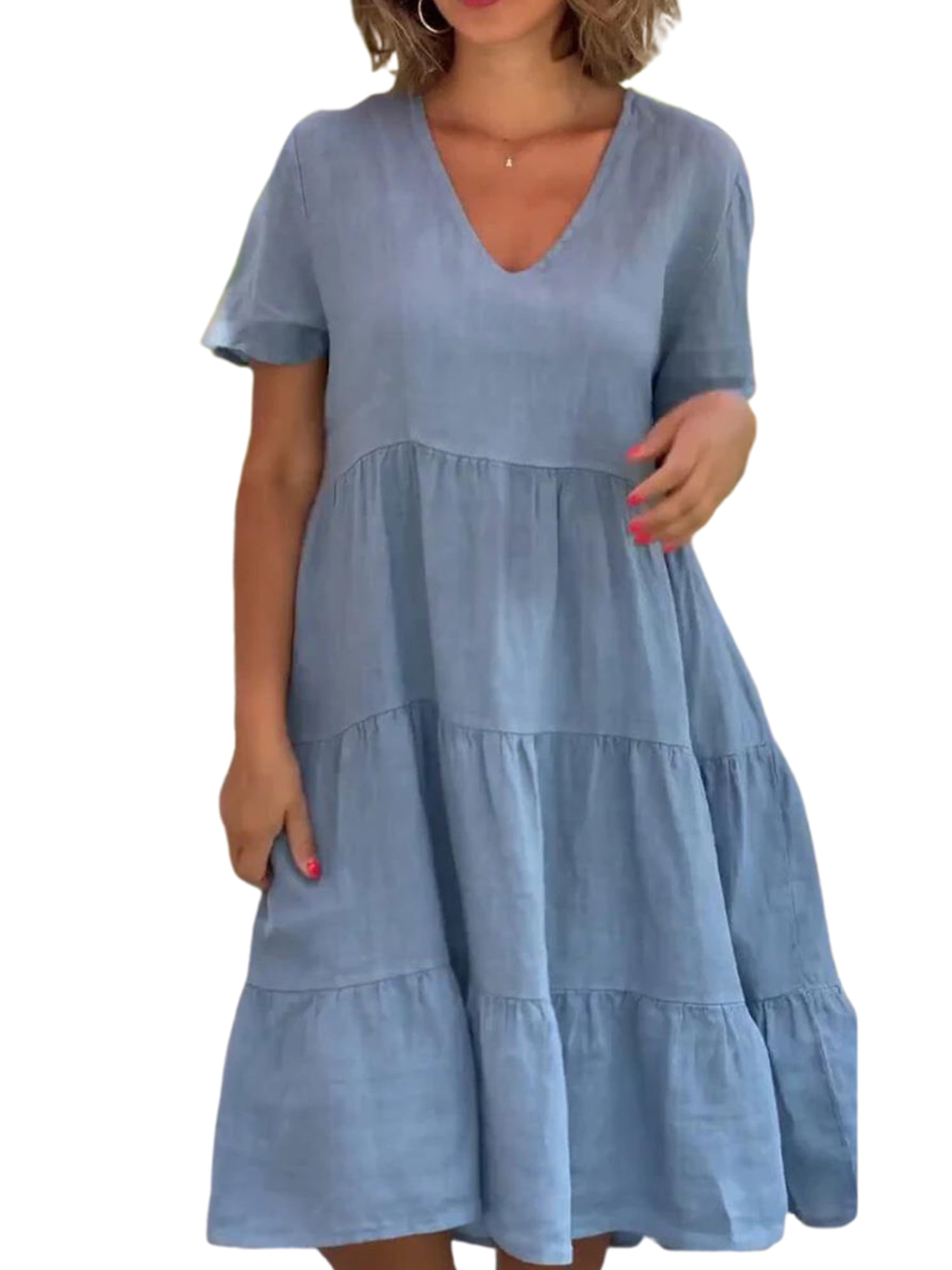Daeful Women Summer Beach Sundress Short Sleeve Mini Dress Plus Size ...