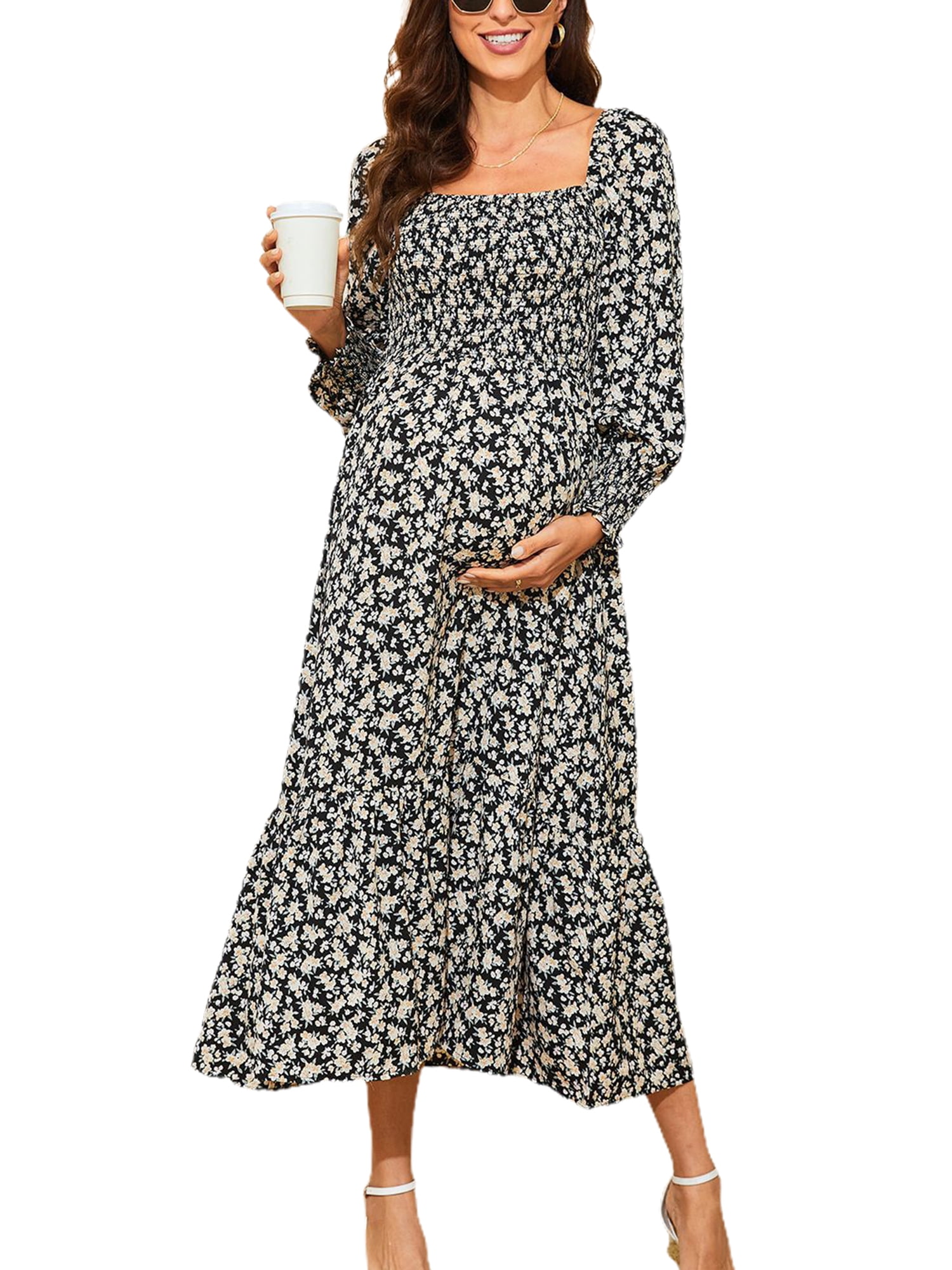 Daeful Women Swing Dress Long Sleeve Maternity Floral Print Midi ...