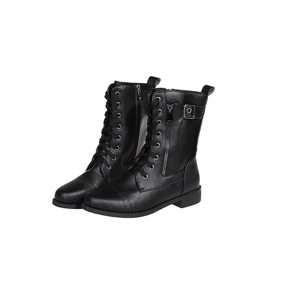 Daeful Women Winter Boot Side Zipper Shoes Lace Up Mid-Calf Boots Casual Flat Ladies Non-slip Black 6