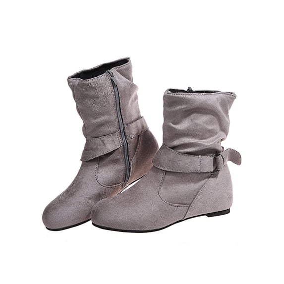 Daeful Womens Booties Mid Calf Slouch Boots Winter Buckle Flat Heel Boots Gray 7