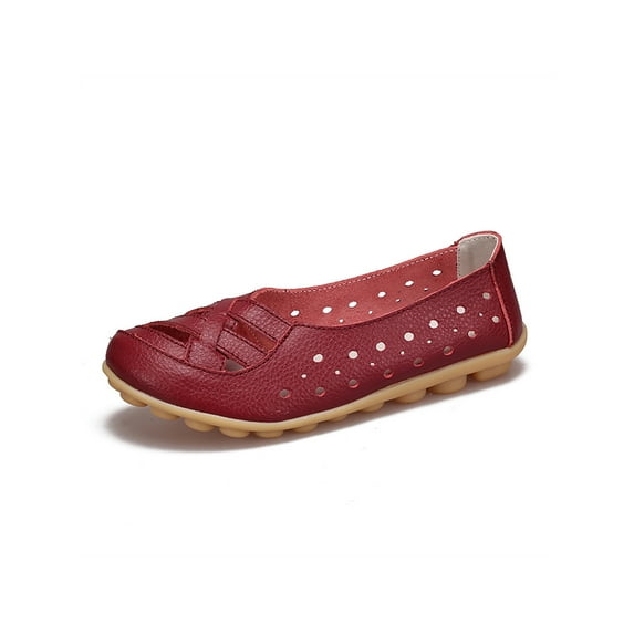 Daeful Womens Loafers Slip On Flats Round Toe Boat Shoes Nurse Lightweight Casual Hollow Out Moccasins Wine Red 6