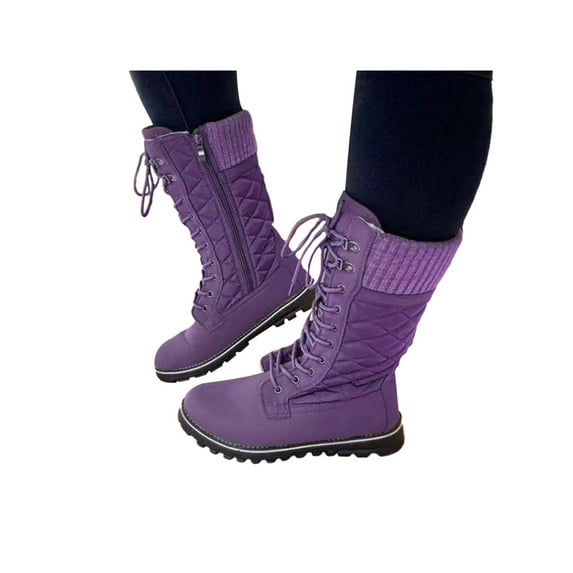 Daeful Womens Mid-Calf Boots Side Zipper Shoes Flat Winter Boot Outdoor Comfort Casual Lace Up Purple 11