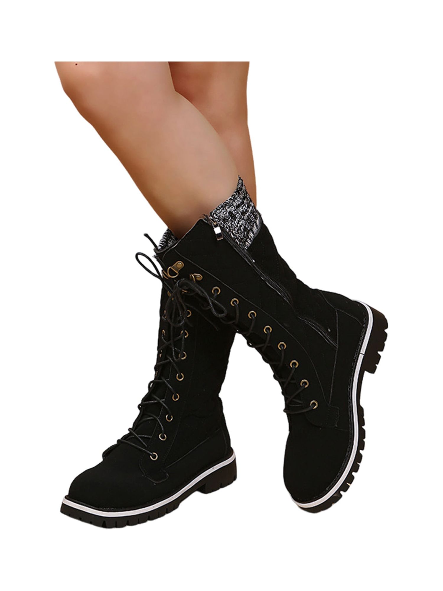 Daeful Womens Snow Boots Lace Up Winter Booties Lug Sole Combat Boot Lightweight Mid Calf Warm