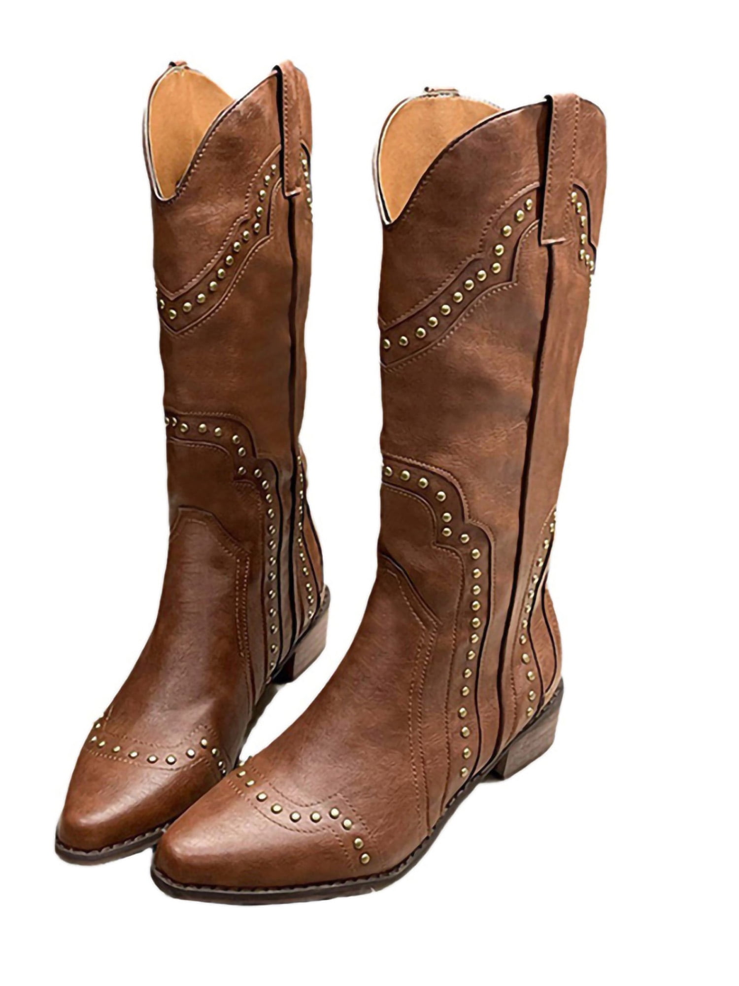 Daeful Womens Western Boot Block Heel Riding Boots Wide Calf Fashion