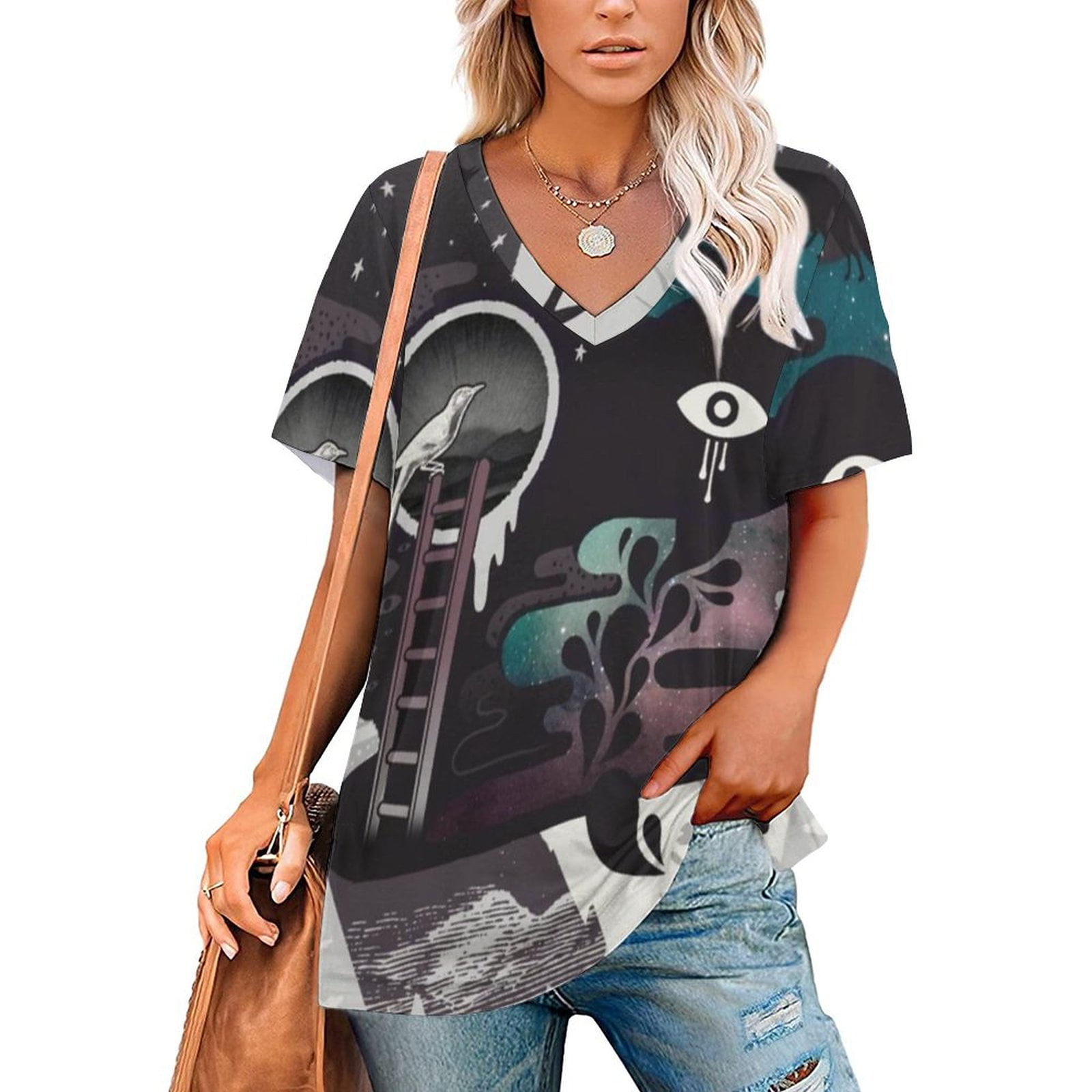 Daemon Print O-Neck Off-The-Shoulder Top Short-Sleeved T-Shirt Ladies ...