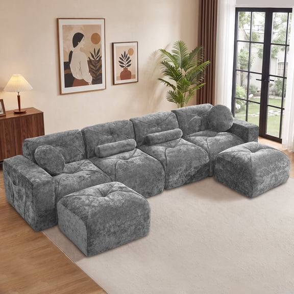 Daeorio 142" Modular Sectional Cloud Couch,Velvet Upholstered Sofa Boneless Modern Comfy No Assembly Required Deep Seat for Living Room,Bedroom,Apartment(Gray,L-Shaped)