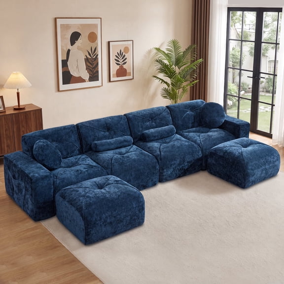 Daeorio 142" Modular Sectional Cloud Couch,Velvet Upholstered Sofa Boneless Modern Comfy No Assembly Required Deep Seat for Living Room,Bedroom,Apartment(Blue,L-Shaped)