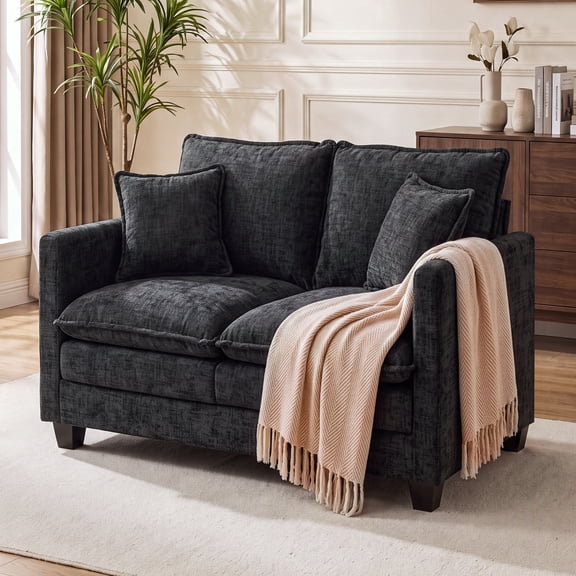 Daeorio 52" Upholstered Sofa,Loveseat Cloud Couch Comfy Chenille 2 Pillows for Small Spaces,Living Room,Bedroom and Apartment(Black)