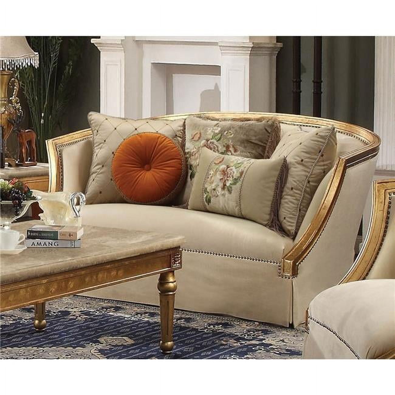 Beige Leather Tufted Sleeper Loveseat with Nailhead Wood Accents