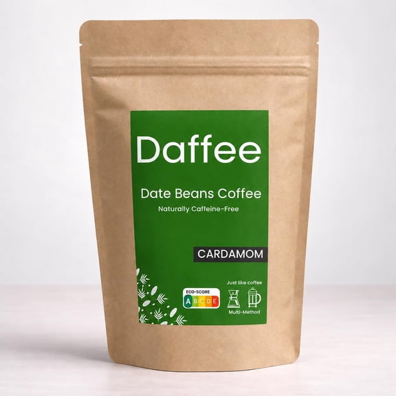 Daffee Date Seed Coffee with Cardamom Caffeine Free Coffee Alternative & Coffee Substitute, Ground Date Seeds, 125g