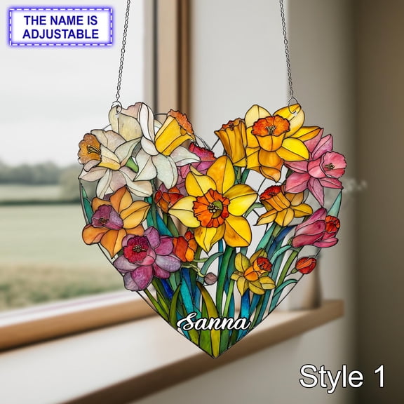 Daffodil Acrylic Suncatcher Floral Heart Window Hanging Personalized Custom Spring Love Gift