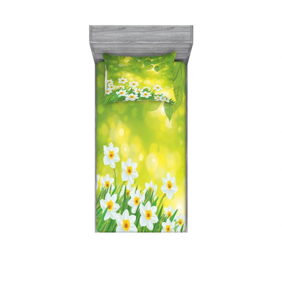 Daffodil Bedding Set with Sheet & Covers, Daffodils Under Vibrant Tree Branch Leaves Spring Petals Seasonal Foliage Theme, Printed Bedroom Decor 2 Shams, 4 Sizes, Green Yellow, by Ambesonne