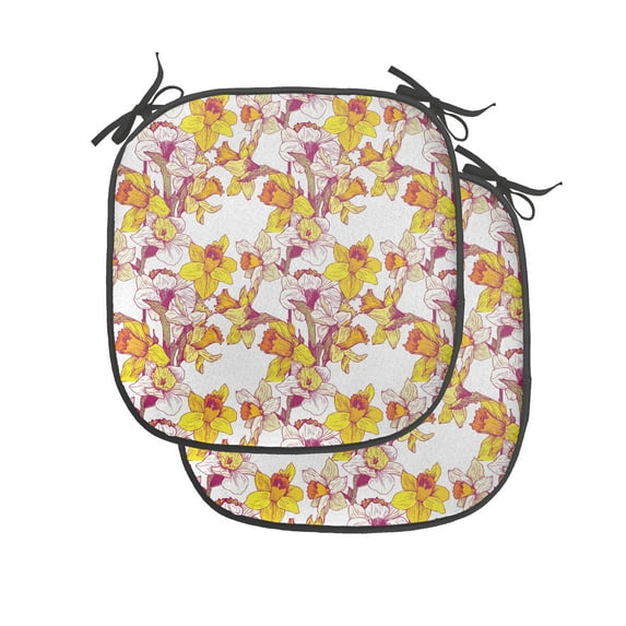 Daffodil Chair Seating Cushion Set of 2, Complex Colorful Detailed Mixed Narcissus Flower 6 Petals Love Balance Painting, Seat Pads for Office with Anti-slip Backing, 16"x16", Multicolor, by Ambesonne