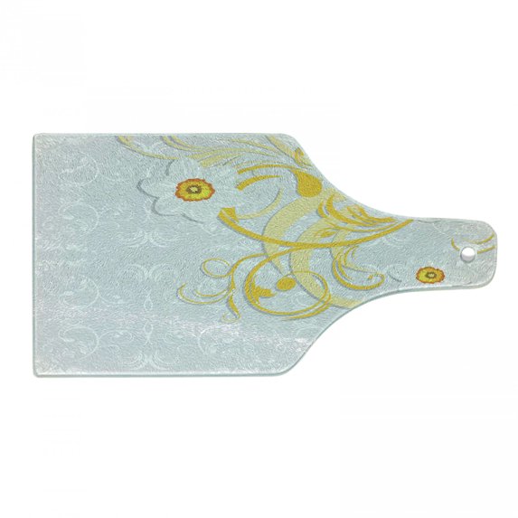 Daffodil Cutting Board, Daffodils on Ornate Background Floral Repeating Swirling Curves Spring Pattern, Tempered Glass Cutting and Serving Board, Wine Bottle Shape, Grey Yellow, by Ambesonne