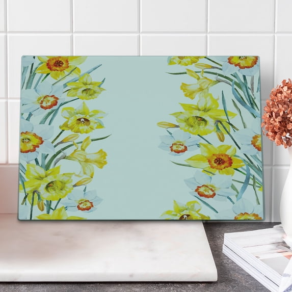 Daffodil Cutting Board, Spring Flowers Composition for Blossoming Results Natural Print, Decorative Tempered Glass Cutting and Serving Board, Large Size, Yellow White Red, by Ambesonne