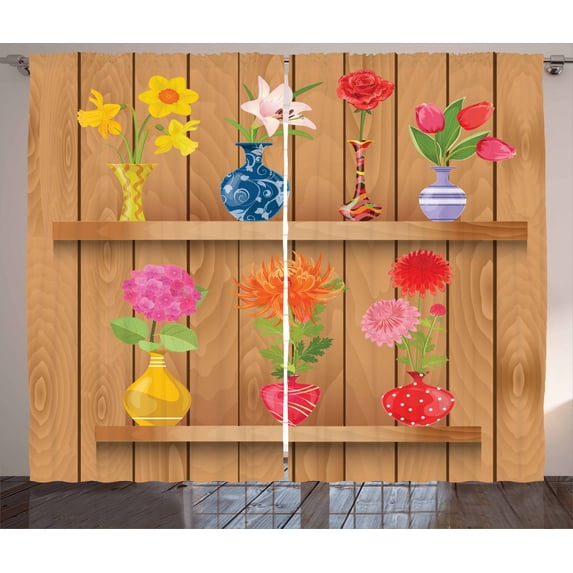 Ambesonne Floral Curtains 2 Panel Set, Cartoon Flowers in Vase Art, 108" x 84", Multicolor