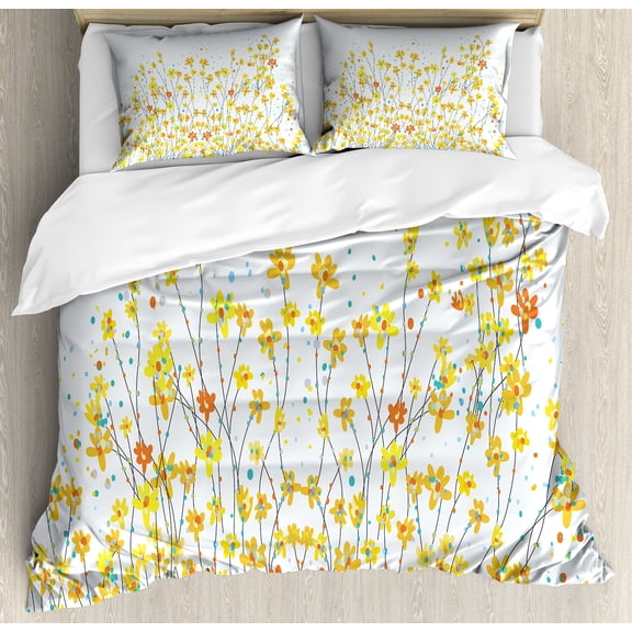 Daffodil Duvet Cover Set, Botanical Blooming Spring Field Gardening Theme with Color Splatters, Decorative 3 Piece Bedding Set with 2 Pillow Shams, Queen Size, Yellow Orange Pale Blue, by Ambesonne