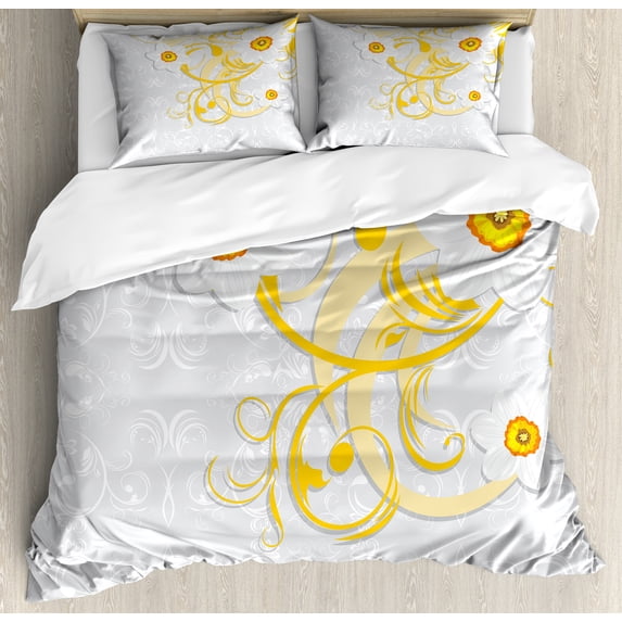 Daffodil Duvet Cover Set, Daffodils on Ornate Background Floral Repeating Swirling Curves Spring Pattern, Decorative 3 Piece Bedding Set with 2 Pillow Shams, Calking Size, Grey Yellow, by Ambesonne