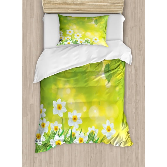 Daffodil Duvet Cover Set, Daffodils Under Vibrant Tree Branch Leaves Spring Petals Seasonal Foliage Theme, Decorative 2 Piece Bedding Set with 1 Pillow Shams, Twin Size, Green Yellow, by Ambesonne