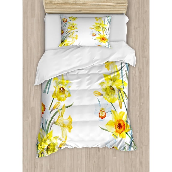 Daffodil Duvet Cover Set, Spring Flowers Composition for Blossoming Results Natural Print, Decorative 2 Piece Bedding Set with 1 Pillow Shams, Twin Size, Yellow White Red, by Ambesonne