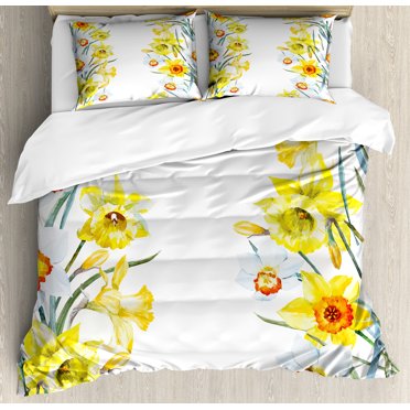 Daffodil Duvet Cover Set, Spring Flowers Composition for Blossoming Results Natural Print, Decorative 3 Piece Bedding Set with 2 Pillow Shams, Calking Size, Yellow White Red, by Ambesonne