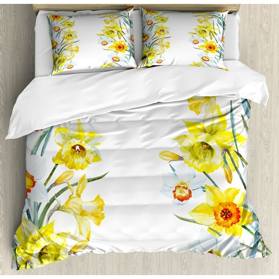 Daffodil Duvet Cover Set, Spring Flowers Composition for Blossoming Results Natural Print, Decorative 3 Piece Bedding Set with 2 Pillow Shams, Calking Size, Yellow White Red, by Ambesonne