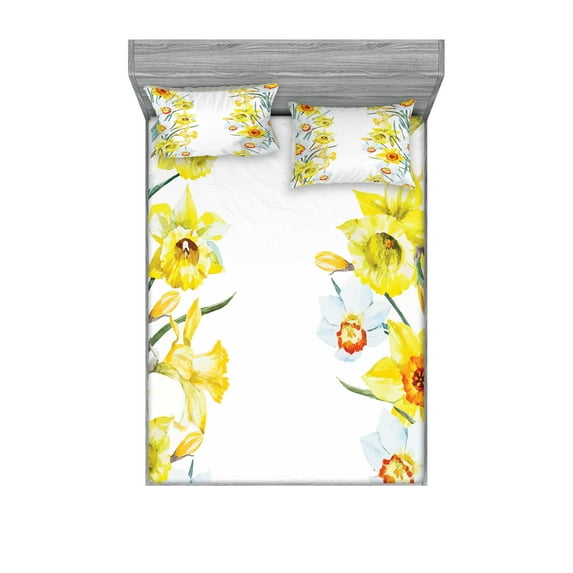 Daffodil Fitted Sheet & Pillow Sham Set, Spring Flowers Composition for Blossoming Results Natural Print, Decorative Printed 6 Piece Bedding Decor Set, Calking, Yellow White Red, by Ambesonne