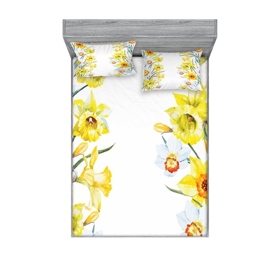 Daffodil Fitted Sheet & Pillow Sham Set, Spring Flowers Composition for Blossoming Results Natural Print, Decorative Printed 6 Piece Bedding Decor Set, King, Yellow White Red, by Ambesonne