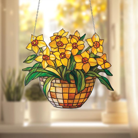 Daffodil Flower Basket Window Hanging Acrylic, Nature-Inspired Art, Boho Chic Home Decor, Handcrafted Wall Hanging, Unique Gift